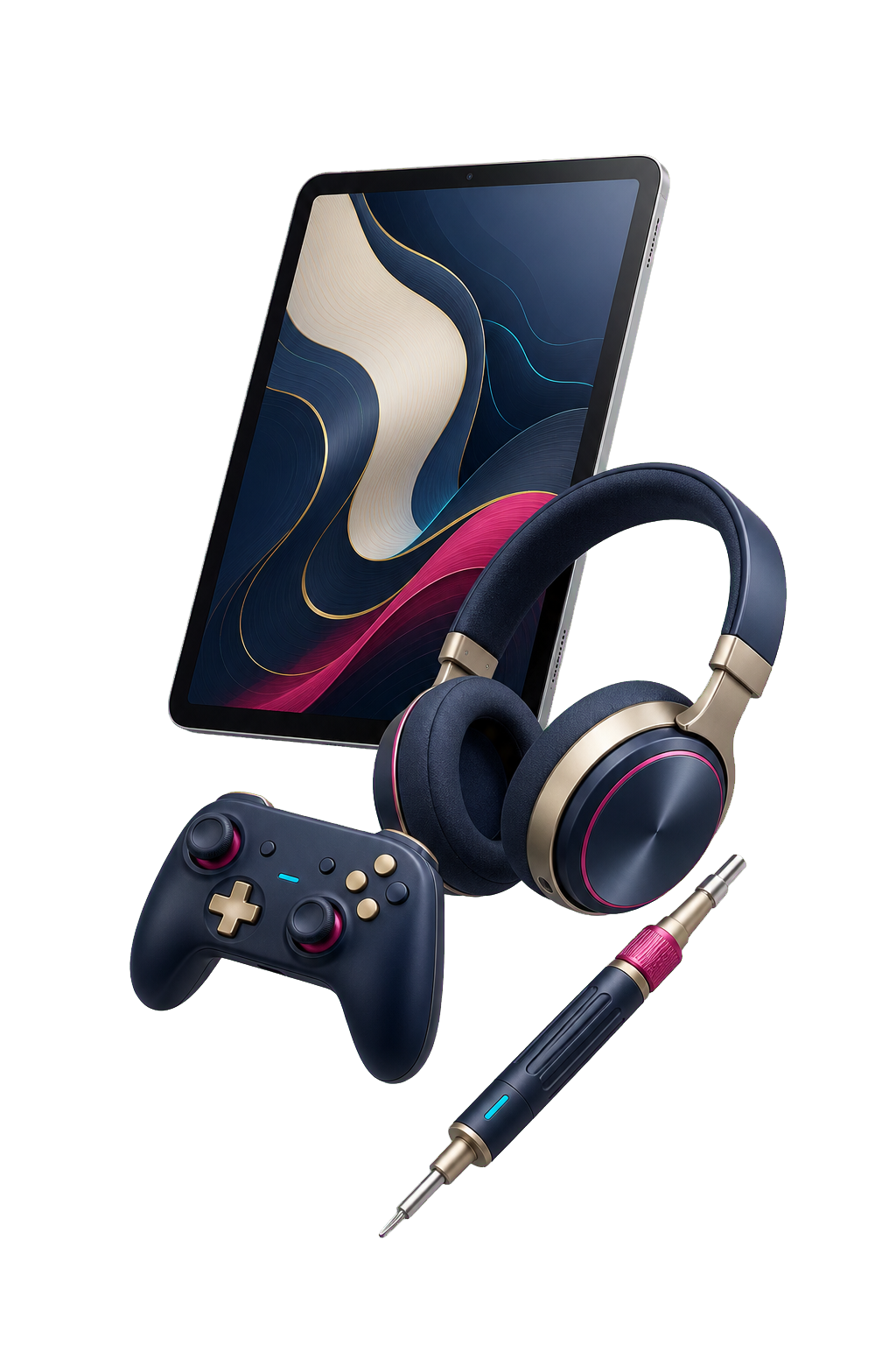 Tablet, headphones, game controller, and precision repair tool