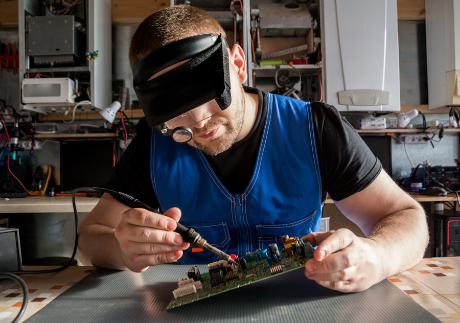 Technician soldering components on a circuit board